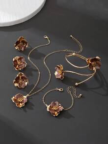 1 Set Women Jewelry Set Including 1pc Brown Ombre Floral Pendant Necklace, 1 Pair Earrings, 1 Ring, 1 Bracelet, 1 Bangle (No Gift Box)