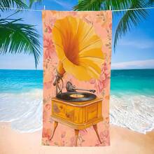 1pc Oversized Microfiber Beach Towel - Vintage Gramophone & Retro 1920s/30s Music Print, Quick-Dry Sand-Large Bath Towel S &, Lightweight Summer Pool, Travel, Camping, Picnic Accessory With Vintage Record Player Design - White - View 1