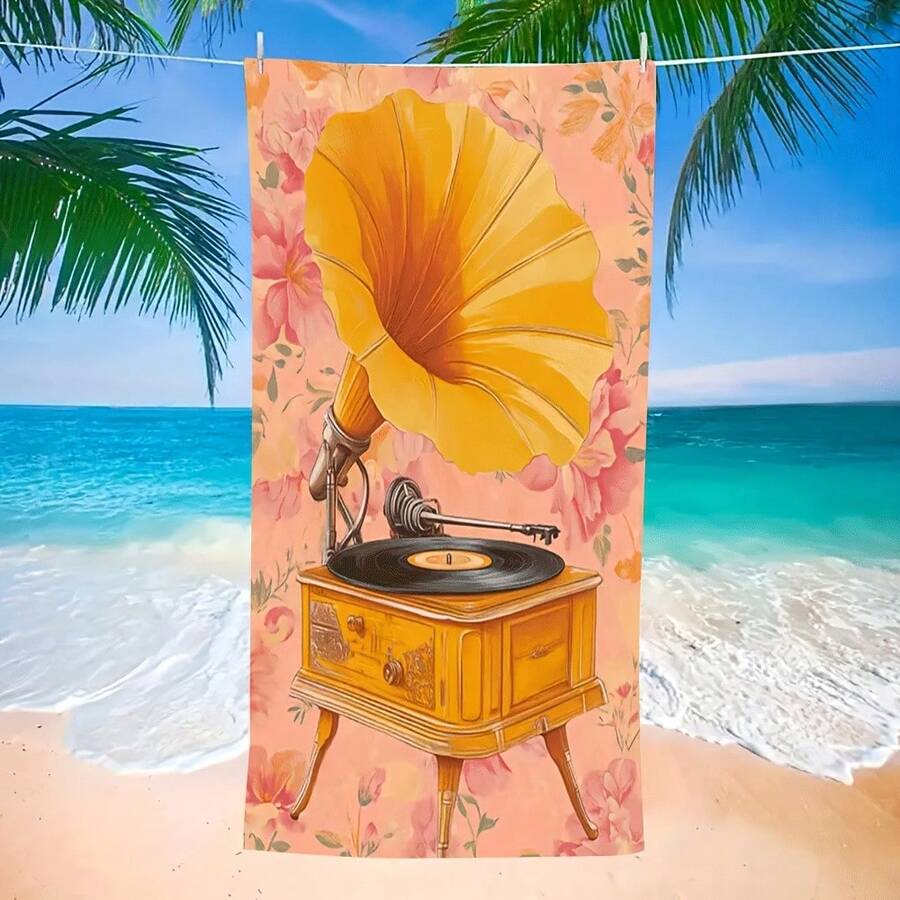 1pc Oversized Microfiber Beach Towel - Vintage Gramophone & Retro 1920s/30s Music Print, Quick-Dry Sand-Large Bath Towel S &, Lightweight Summer Pool, Travel, Camping, Picnic Accessory With Vintage Record Player Design - White - View 1