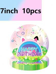 10pcs Cute Cartoon Rainbow Ear Themed Party Supplies: Paper Plates, Paper Cups, Napkins, Tablecloths, Banners, Birthday Party Supplies, Camping, Camping, Travel Essential Supplies Animation - Multicolor - View 2