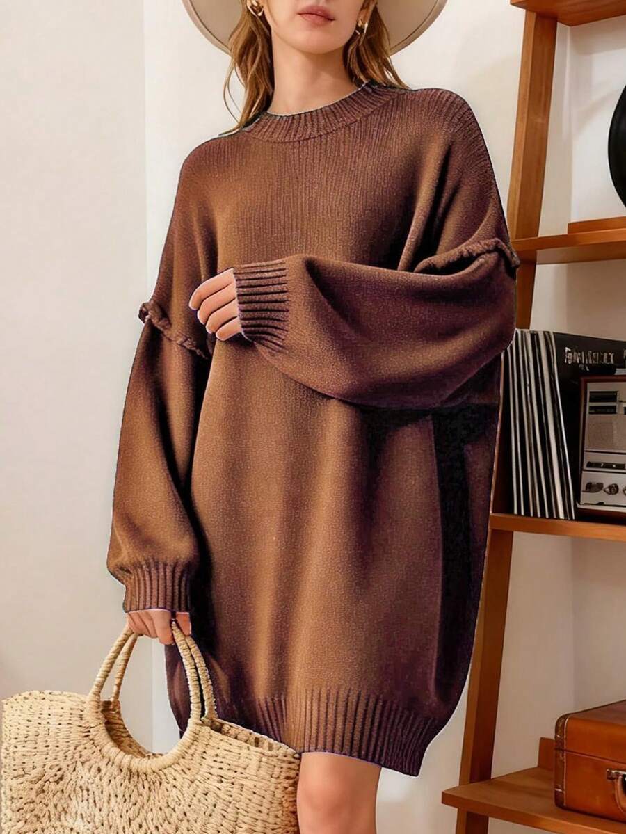 1pc Loose Solid Ribbed Knit Pullover Sweater Dress, Casual Everyday Wear, Autumn/Winter