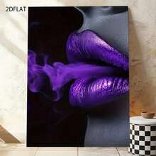2D Flat, 1pc Modern Lips & Lipstick Abstract Purple Framed Poster - Glossy Black Wood Frame, Dark Background With Dramatic Lip Art - Wrapped Canvas Wall Decor For Home, Office, Bathroom - Bold Purple Lipstick Painting For Halloween, Christmas - 彩色 - 查看 5