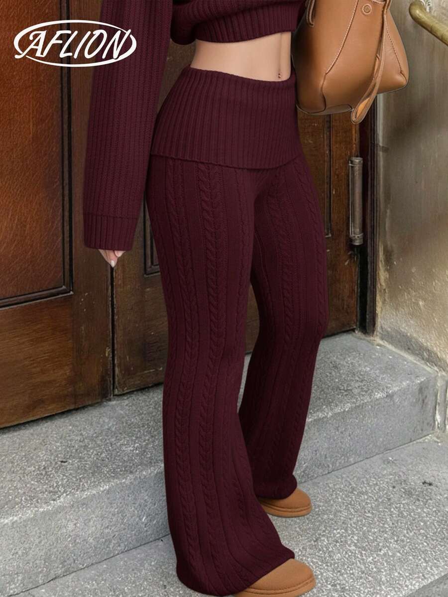 Aflion Quần nữ trơn màu, dáng rộng, cạp cao, chất liệu dệt kim có họa tiết, tôn dáng, phong cách Y2K thời thượng, thoải mái và năng động, thích hợp cho hẹn hò, đi chơi với bạn bè, dự tiệc, phù hợp cho mùa thu/đông.
