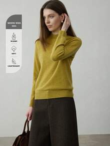 100% Merino Wool Solid Color Turtleneck Sweater, Women's Warm Pullover, Basic Top For Autumn/Winter, Suitable For Christmas, Thanksgiving, New Year - Mustard Yellow - View 4