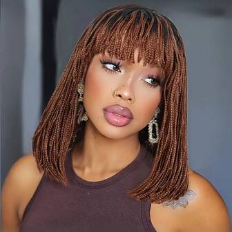 Peluca de cabello trenzado corto con flequillo para mujeres, peluca de trenzado de caja de cabello sintético marrón oscuro, peluca de trenzado burdeos de cabello corto tipo bob, peluca de cabello trenzado de longitud de hombros para uso diario o de fiesta
