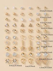 30pcs/Set Creative Stud Earrings, Geometric Shapes, Faux Pearl, Metal, Rhinestone, Assorted Designs, Jewelry Gift Set For Women, Suitable For Daily Wear & Vacation - Yellow Gold - View 4