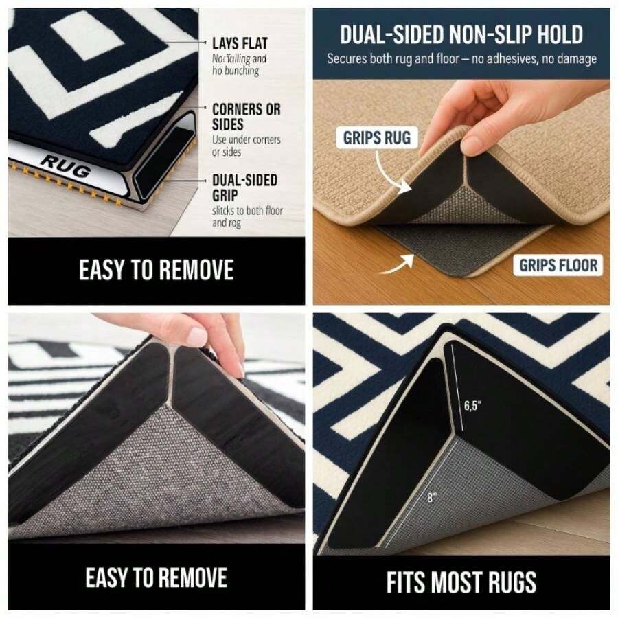 - Cinta de alfombra antideslizante para suelos de madera dura, agarradores reutilizables lavables para alfombras, cinta de alfombra de doble cara, almohadilla antideslizante para debajo de - negro - - Ver 1