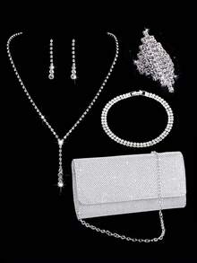 5pcs Women's Fashion Versatile Minimalist Clutch Bag, Evening Bag, Dress Party Bag, Rhinestone Necklace, Earrings, Bracelet, Ring 5-Piece Set - Silver - View 1