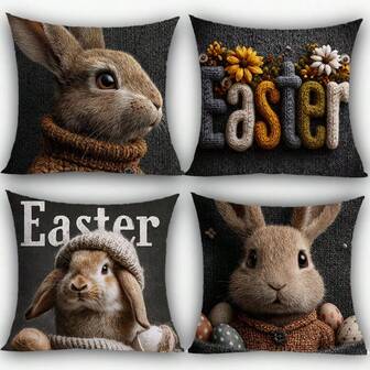 4pcs Easter Cute Rabbit Plush Printed Pillow Covers, 18" X 18", Rabbit & Easter Egg Print Decorative Cushion Covers For Living Room, Bedroom, Sofa, Bed, Outdoor, Pillow Inserts Not Included