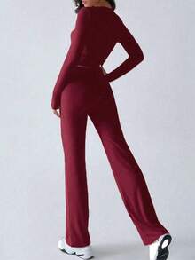 Women's Fashionable Belly-Baring Long-Sleeved Top, Slim-Fitting Lace-Up Flared Pants Sports Suit