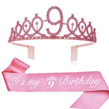 Set de 2 piezas: Corona de estrás con número 6, 7, 8, 9 o 10, cinta de peonía, flor de rosa, correa de hombro, cinturón de tela, accesorios de moda para el cabello. Regalo de fiesta de cumpleaños para niñas, color rosa - Oro rosa - Ver 5