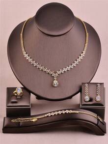 CORUIXI 1 Set Silver-Color Zirconia Jewelry Set Including Necklace, Earrings, Bracelet, Ring, Large Teardrop Pendant, Suitable As Gift For Women - Silver - View 13