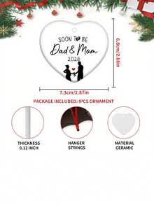 2026 Décoration d'annonce - Souvenir de grossesse avec silhouette de couple et "Papa et Maman en attente" Nom/Année, Ornement d'arbre de Noël en forme de cœur, Convient pour les parents en attente, Cadeau de baptême (Aucune électricité requise) - Noir et Blanc - Voir 2