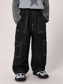 1件装 男童时尚简约百搭舒适弹力腰工装裤 - 黑色 - 查看 6