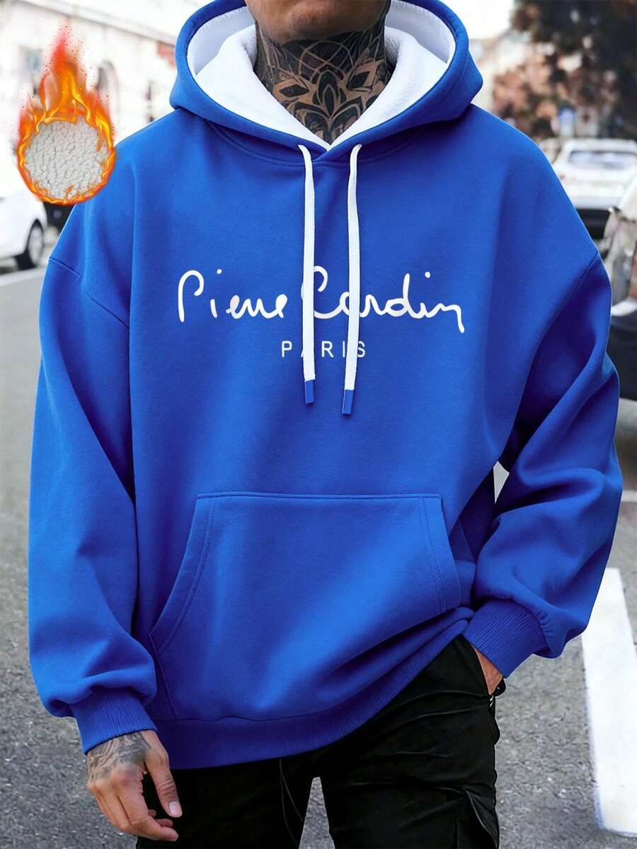 Herren-Kapuzenpullover, Baumwolle, Pierre Cardin Marken-Fleece-gefütterter Hoodie, Herren-Sweatshirt mit überschnittenen Schultern, Herbst/Winter, dicker Stoff, warmer, lockerer Kapuzenpullover, geeignet für kaltes Wetter - Cailan - Übersicht 1