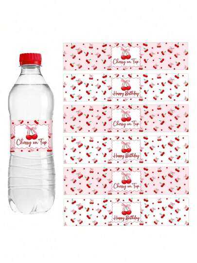 10 piezas Etiquetas para botellas de agua de cumpleaños con diseño de cereza, decoraciones de fiesta de cumpleaños con tema de cereza, autoadhesivas, acabado mate, material de papel, para fiestas de cumpleaños, suministros para reuniones familiares