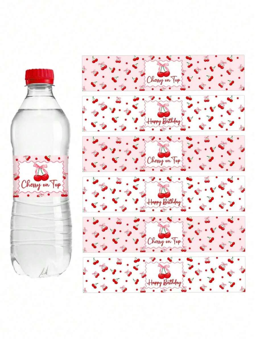 10张樱桃主题生日水瓶标签，樱桃主题生日派对装饰，自粘式，哑光表面，纸质，适用于生日派对、家庭聚会用品 - 彩色 - 查看 1