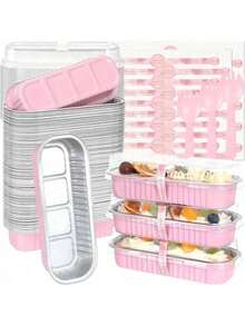 1/5/10 Sets Mini Toast Mold (With Lid And Spoon), Mini Cake Mold Set (With Lid), Rectangular Aluminum Foil Baking Cups, Pink, 6.8 Oz, Rectangular Aluminum Foil Baking Mold, Aluminum Foil Toast Mold, Portable Aluminum Foil Bread Party Dessert Supplies, Suitable For Wedding Birthday Party - Multicolor - View 6