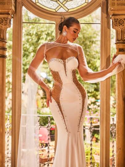 Faeriesty Bridal Glamorous Mermaid Wedding Dress, Adorned With Rhinestones, Paired With Sheer Shawl And Flowing Floor-Length Gown - An Ideal Choice For Weddings, Formal Galas, Awards Ceremonies, And Red Carpet Events