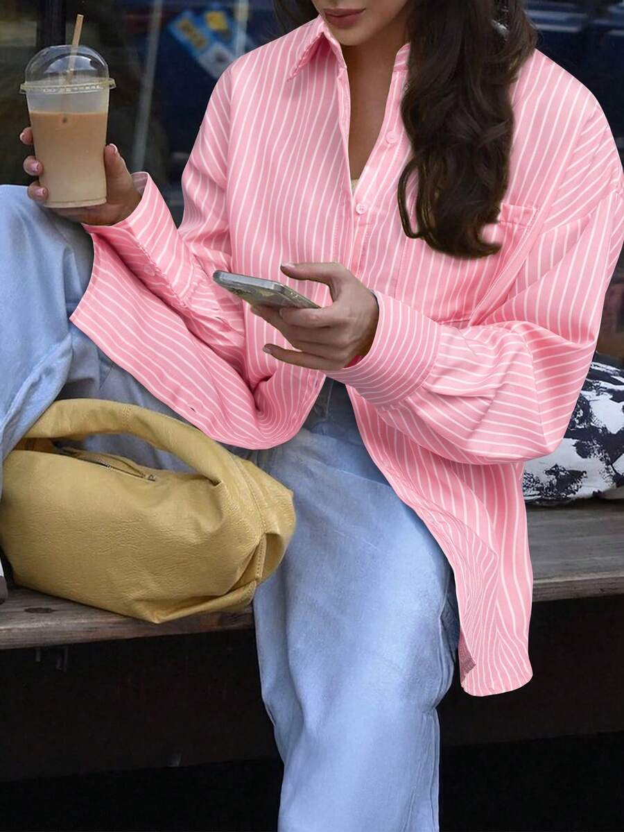 Look Polly Women's Valentine's Day Pink Striped Long Sleeve Shirt, Single-Breasted Casual Beach Fashion, Pocket Design, Suitable For Back To School Season, Retro Beach Style Women's Thanksgiving Shirt, Beach Fashion Women's Shirt - Pink - View 1