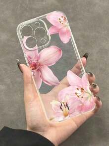 1pc Minimalist Pink Lily Flower Pattern Shockproof TPU Phone Case, Compatible With IPhone 16 Pro Max/15 Plus/14/13/12/11/8P/XS Max And Galaxy S24 Ultra/S23 FE/S22/S21/S20/A52S/A15/A03 - 款式3(1PC) - 查看 3