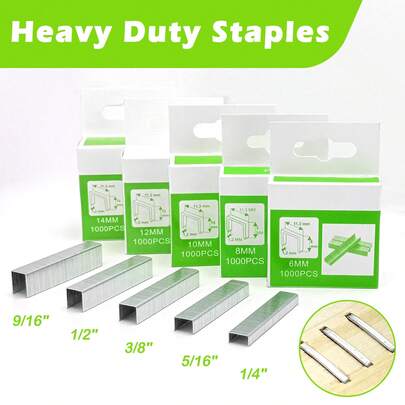 1000枚重型订书钉，钉腿长度分别为9/16英寸、1/2英寸、3/8英寸、5/16英寸和1/4英寸，钉冠直径为3/8英寸，附带收纳盒。适用于商店中的重型订书机，也适用于沙发、DIY、家具、相框等。木工钉，T50宽冠钉。