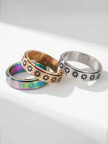 1 pieza Anillo giratorio de flor de acero de titanio, anillo de compromiso/boda para hombres y mujeres; 1 pieza Anillo de mujer con incrustaciones de circonita cúbica hueco y de moda; 1 pieza Anillo minimalista elegante de mujer con incrustaciones de circonita cúbica; 1 pieza Anillo de mujer con incrustaciones de circonita cúbica de dos tonos