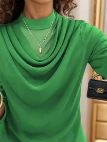 Elegant Double-Layer Ruffle Mesh Loose Long Sleeve Top, Casual & Versatile, Autumn/Winter - Green - View 9
