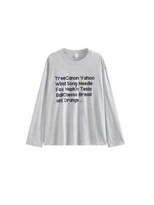 女士宽松长袖印花T恤，秋冬款 - 白灰色 - 查看 4