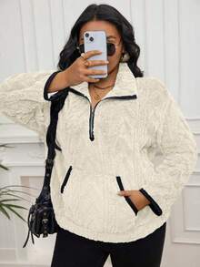 Hanorac cu buzunar scurt și fermoar, stil european și american, mărime plus, toamnă/iarnă