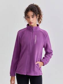 女士户外抓绒外套，保暖透气，立领设计，修身显瘦，羊羔绒内衬，适合徒步和运动，春秋冬季穿着 - 紫色 - 查看 6