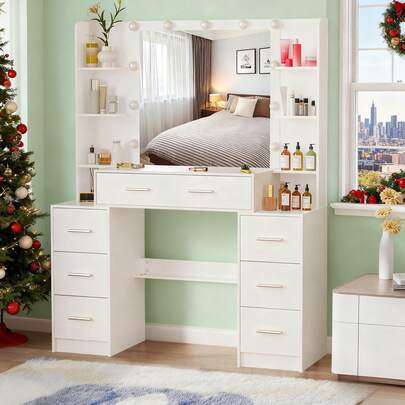 Dressing Table Vanity Set Makeup 11 LEDs Mirror Jewellery Organizer W/ 7 Drawers - Perfect For Organizing Makeup, Skincare, Vanity Furniture, Compact For Small Space, Bedroom Decor Gift , Suitable For Christmas And Halloween Decorations