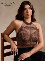 A&A 大码优雅花卉钩编网纱刺绣背心，夏季服装，浪漫婚礼季，花卉上衣，端庄上衣，舞会派对，返校季，优雅女士，白色主题派对，新年装扮