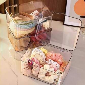 1 pieza/2 piezas Caja de almacenamiento de joyas, caja transparente a prueba de polvo con tapa abatible adecuada para pinzas para el cabello, diademas, bandas elásticas, organizador de escritorio, caja de almacenamiento apilable para cajones, tocador, baño, regalos para la novia
