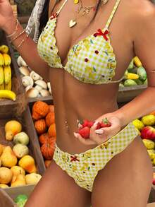 2 件柠檬黄格子印花配红色蝴蝶结女士泳衣，可拆卸泳垫，海滩度假装，泳衣，女士夏装，女士夏装，节日，伊比沙岛装束，女士泳装，比基尼套装，女士泳衣，女士沙滩装，假日套装，沙滩裙，女士比基尼套装