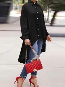 女士黑色长袖翻领纽扣衬衫，不对称下摆，前襟纽扣，休闲上衣，适合日常穿着 - 黑色 - 查看 1
