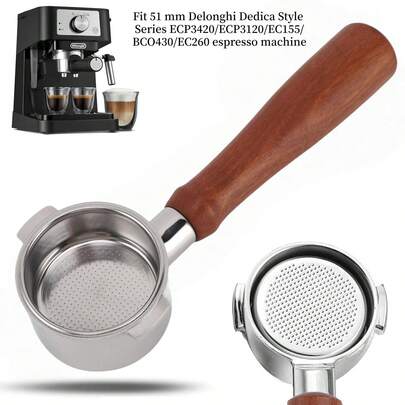 51毫米无底意式咖啡手柄，带两个耳片 | 适用于德龙 ECP3420 / EC155 / BCO430 / EC260 意式咖啡机 | 不锈钢滤篮和胡桃木手柄 | 意式咖啡配件
