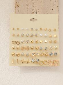 30pcs/Set Creative Stud Earrings, Geometric Shapes, Faux Pearl, Metal, Rhinestone, Assorted Designs, Jewelry Gift Set For Women, Suitable For Daily Wear & Vacation - Yellow Gold - View 1