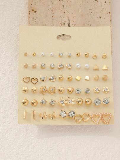30pcs/Set Creative Stud Earrings, Geometric Shapes, Faux Pearl, Metal, Rhinestone, Assorted Designs, Jewelry Gift Set For Women, Suitable For Daily Wear & Vacation