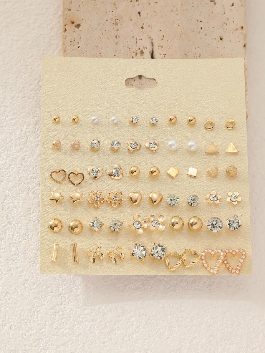 30pcs/Set Creative Stud Earrings, Geometric Shapes, Faux Pearl, Metal, Rhinestone, Assorted Designs, Jewelry Gift Set For Women, Suitable For Daily Wear & Vacation - Yellow Gold - View 1