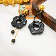 18K Gold Plated Retro Miradar Fashion Personalized Design Earrings, Stainless Steel Round Bead Resin Flower Dangle Earrings, Suitable For Women's Daily Wear Or Party Events - Black Gold - View 4