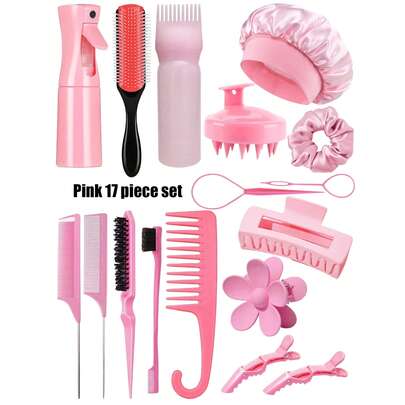 17 Piece Hair Tool Set, With High Pressure Spray Bottle And Sleeping Cap, Curling Brush Set, Nine Rows Of Combs, Wide Teeth Hook Comb, Double Head Comb, Styling Brush, Pointed Tail Comb, Mouse Tail Comb, Edge Brush, Hair Brush, Massage Comb