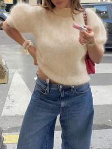 FOR BEAUTY 女士春夏新款圆领短袖套头毛衣，女士通勤休闲宽松针织衫，轻松打造日常优雅浅桃色纯色百搭毛衣 - 米杏 - 查看 7