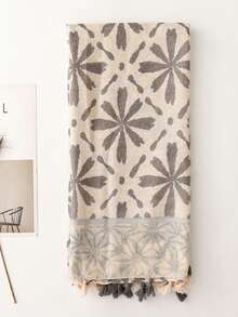 新款波西米亚印花围巾，轻盈透气流苏披肩，优雅女士防晒沙滩旅行围巾 - 米色 - 查看 2