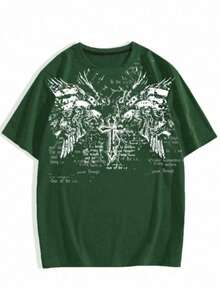 Men's Basic Gothic Punk Style T-Shirt, Printed Streetwear Blouse - 軍綠色 - 查看 4