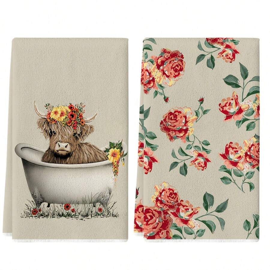 2pcs Vintage Khaki Floral Cow Kitchen Towels, Modern Absorbent Dishcloths, Cooking Baking Tea Clothes, Washing And Hand Cleaning Rags – Super Soft & Highly Absorbable For Home Decor Or Gifts (Neighbor/Mom's Birthday Present), Sweet Housewarming Idea, Essential Accessories, Kitchen Duster Cloth, Dish Drying Cloth, Stylish Home Accessory, Decorative Dishcloth, Quickdrying Cloth, Absorbent Fabric, Multipurpose Rags, Household Essentials, Gift For Mom, Neighbor Presents - 彩色 - 查看 1
