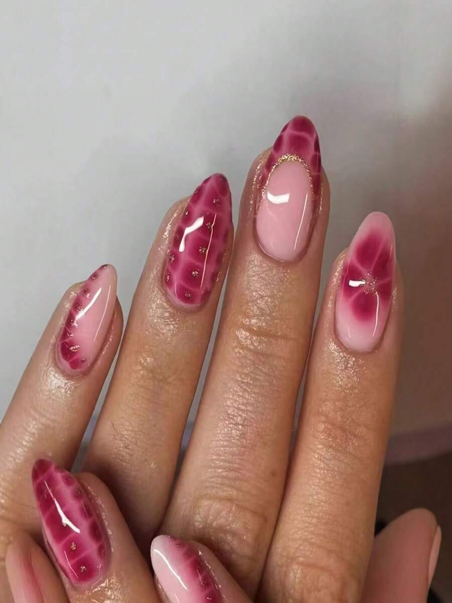 24pcs Oval Flower Sequin Nail Stickers, Acrylic Material, Perfect Fit, Set Includes: 1pc Jelly Gel And 1pc Nail File, Easy To Wear, Suitable For Summer Nails And French Manicure, Suitable For Women And Girls For Daily, Party And Other Occasions - Multicolor - View 1