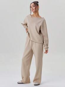Women's Basic Solid Color Sloping Shoulder Long Sleeve Top & Wide Leg Trousers Co-Ord - Taupe - View 6