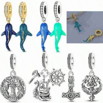 1件维京船战斧舵生命之树锤鲸鱼造型银色吊坠，可用于手链项链DIY串珠吊坠，奢华优雅，适合女性，是地球日、自然主题活动、生日等场合的理想礼物，也适合热爱自然和海洋的人士。