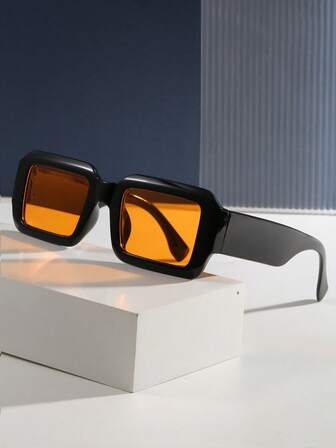 1pc Men's Square Orange Fashion Fashion Glasses, Men's Black Fashion Glasses, Y2K Accessories, Back To School, Holiday Essential, Suitable For Beach Party/Streetwear/Travel/Wedding